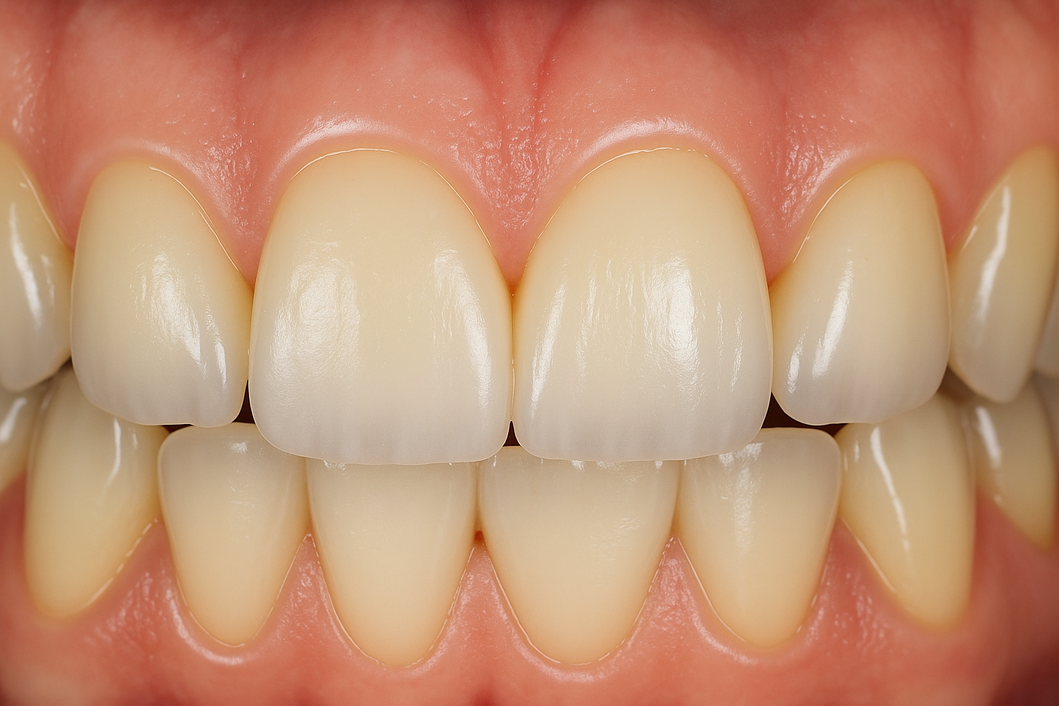 High-resolution close-up of upper front teeth showing smooth, natural-looking dental bonding on the incisors, with healthy pink gums and a polished finish blending seamlessly with the surrounding enamel.