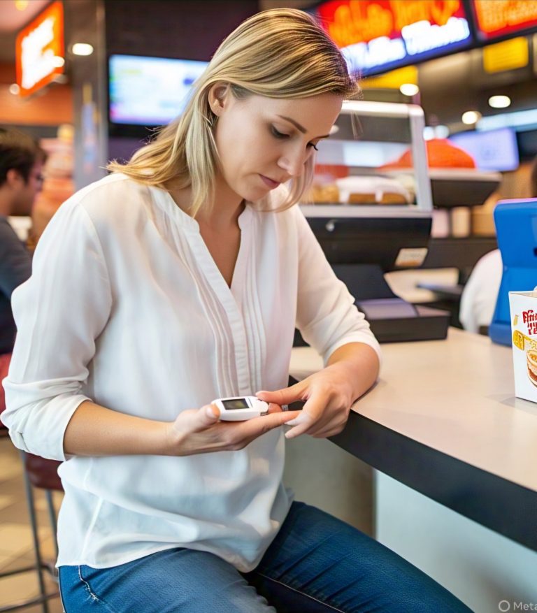 A woman checking her blood glucose level with a Glucometer.