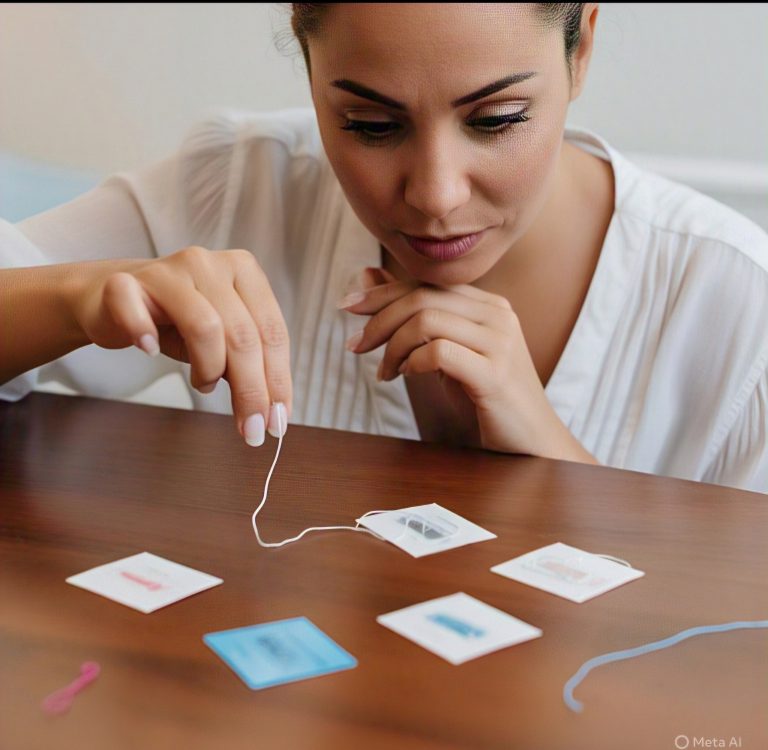A woman looking at various floss types laid out on the table. She is trying to decide which one to use.