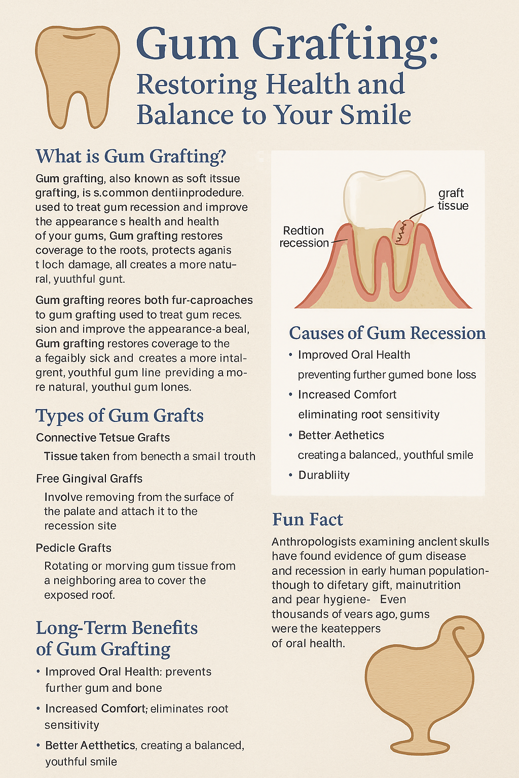 Educational infographic on gum grafting in dentistry, showing illustrations of gum recession, exposed tooth roots, and different grafting techniques including connective tissue graft, free gingival graft, and pedicle graft, along with benefits such as reduced sensitivity, improved gum line, and protection of tooth roots.