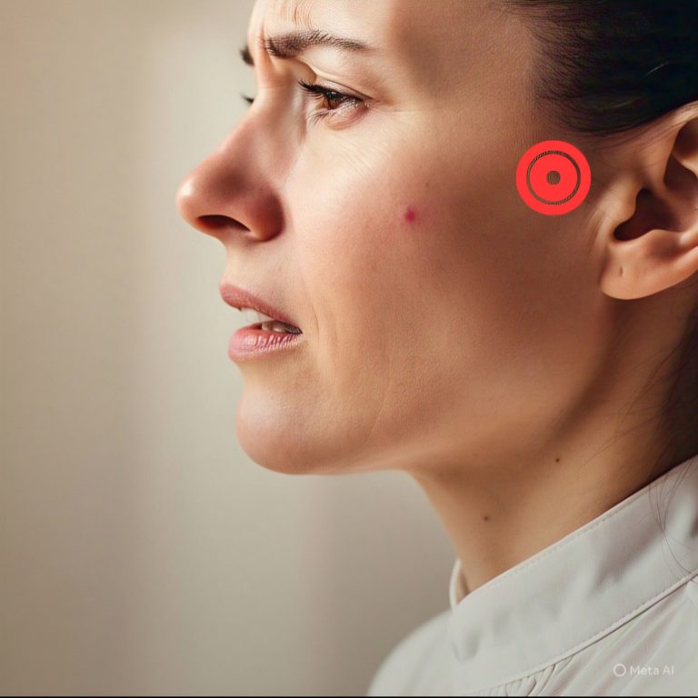 Woman experiencing jaw pain with inflammation marked at the temporomandibular joint (TMJ)
