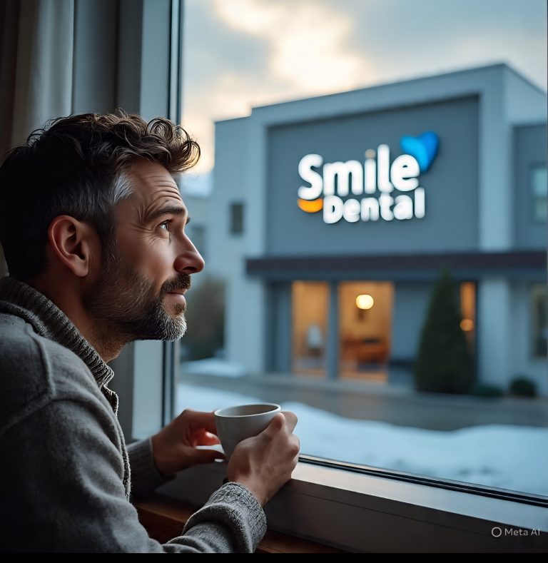 Man gazing thoughtfully out window toward a dental clinic, holding a cup of coffee