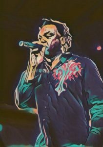 Artistic illustration of Dr. Alban performing on stage, holding a microphone and wearing a vibrant shirt with colorful designs.