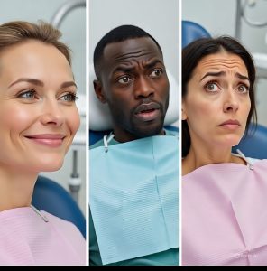 Three dental patients with contrasting facial expressions—one smiling, one confused, and one anxious—sitting in dental chairs, illustrating varied perceptions of the same dental experience.
