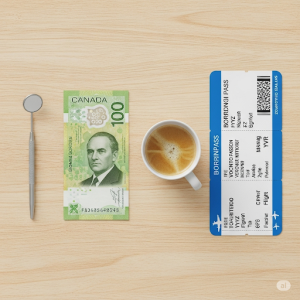 Flat lay of a dental mirror, a Canadian $100 bill, a cup of coffee, and an airline boarding pass on a wooden surface, symbolizing comparisons in perceived cost of dentistry.