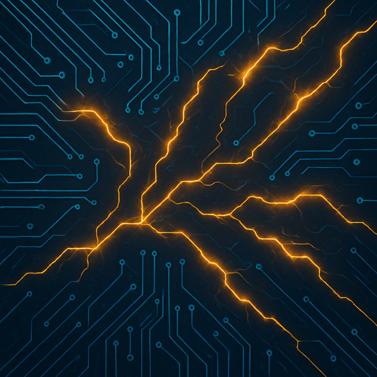 Abstract illustration of a circuit board with glowing electrical impulses symbolizing nerve signals and pain pathways.