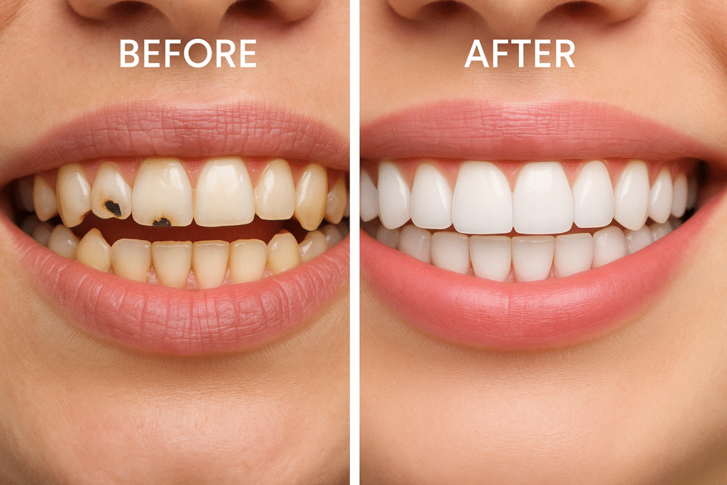 Current image: Before-and-after smile comparison showing comprehensive dental rehabilitation. Left: chipped, discolored teeth with cavities and inflamed gums. Right: restored smile with bright, even teeth and healthy pink gums.