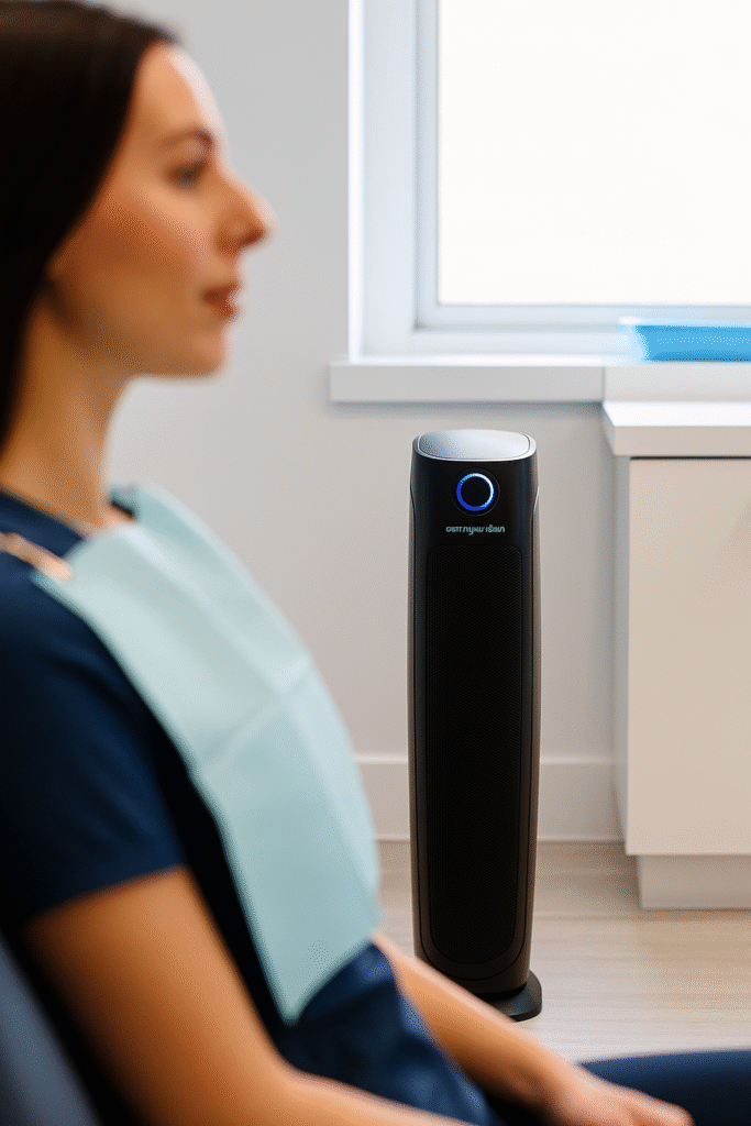 Current image: Dental clinic room with GermGuardian AC4825 air purifier in the background; a patient silhouette is softly visible in the foreground wearing a dental bib.