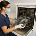 Current image: Dental assistant placing a cassette of sterilized instruments into a Hydrim instrument washer, wearing gloves and protective eyewear.