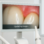 Current image: Monitor displaying a live intraoral camera feed showing a close-up of a tooth and gum margin in high definition.