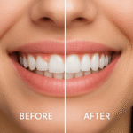 Current image: Before and after comparison of a woman’s smile showing gum recontouring. Left side: uneven, red, inflamed gums. Right side: healthy pink gums with even contour framing white teeth.
