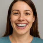 Current image: Smiling woman wearing a clear custom night guard covering her upper teeth, showing a natural smile and the protective dental appliance.