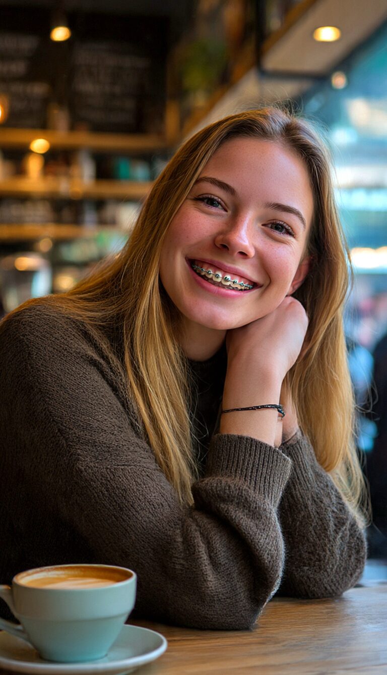 Smiling young woman with braces sitting in a café, resting her chin on her hand with a cup of coffee in front of her.