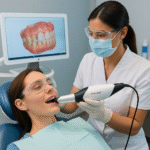 Current image: Dentist using a Primescan intraoral scanner on a patient wearing protective eyewear in a modern dental clinic.
