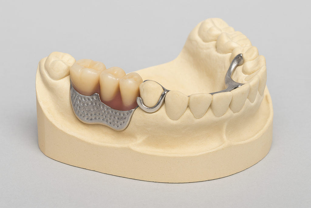 Current image: Dental model showing a cast partial denture with a metal framework, clasps, and artificial teeth blending with gums.