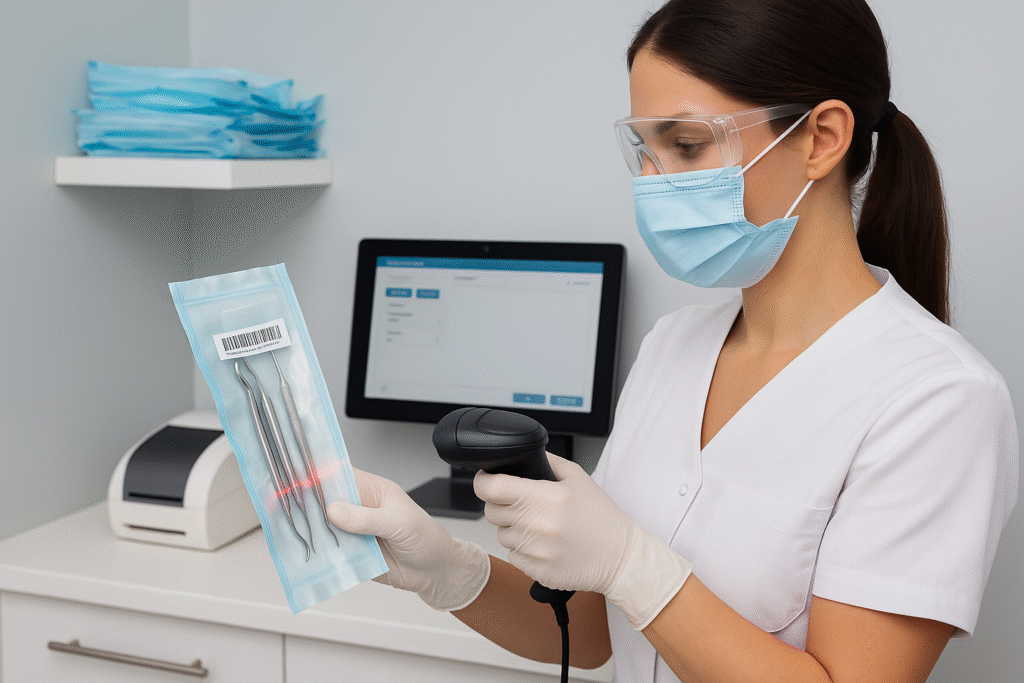 Current image: Dental assistant scanning a barcode label on a sterilized instrument pack with a handheld scanner, part of the Steri-Traces digital tracking system.