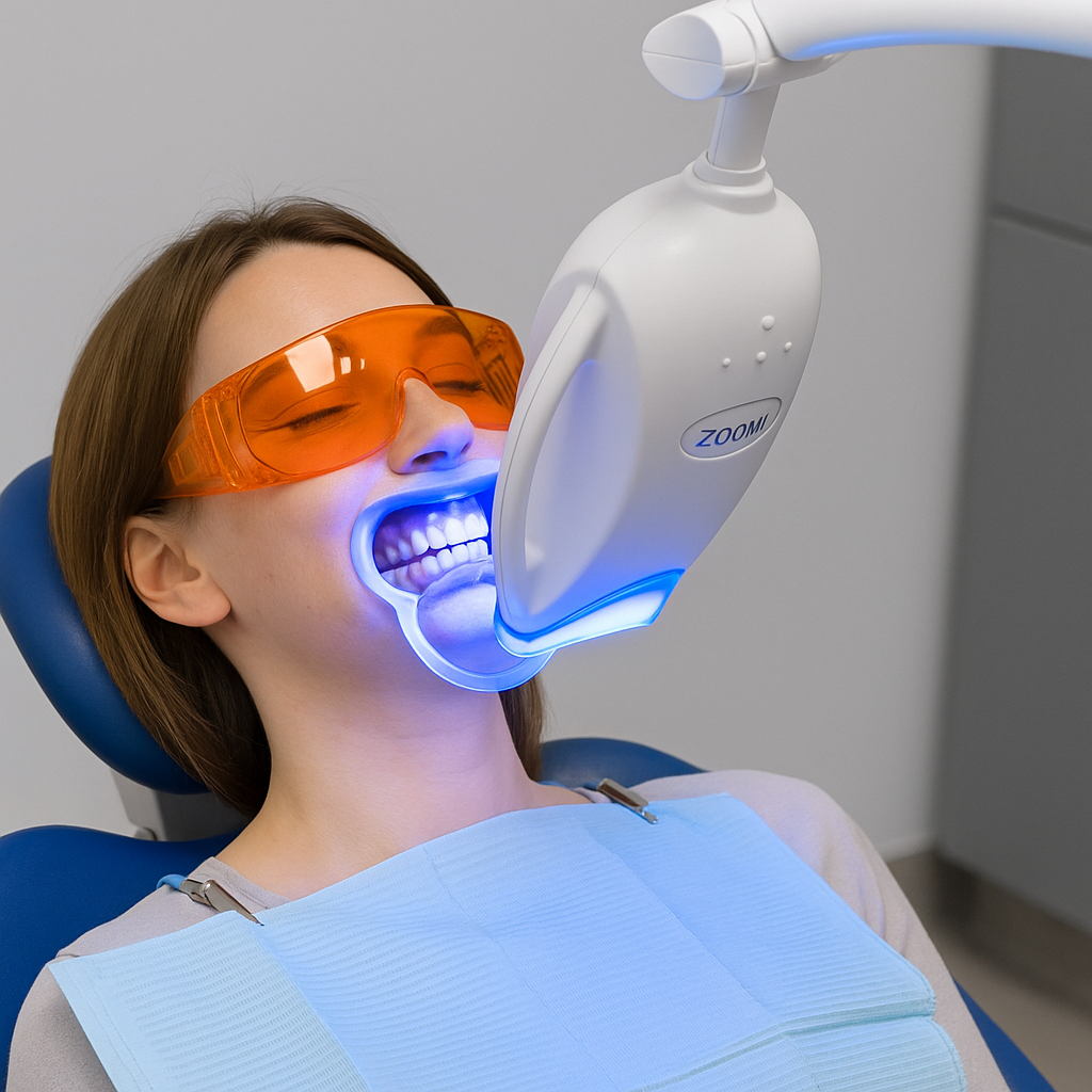 Patient reclining in a dental chair undergoing Zoom whitening treatment with protective eyewear and LED lamp positioned above the mouth.