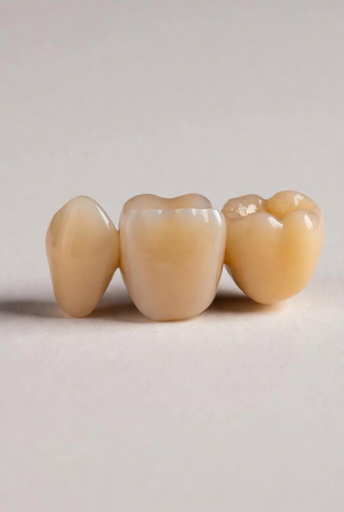 A close-up photograph of a three-unit porcelain-fused-to-metal dental bridge designed to replace a single missing tooth. The bridge consists of two natural-looking porcelain crowns on either end, connected by a central pontic (false tooth) that fills the gap. The crowns are shaped to fit over prepared abutment teeth, with subtle shading for a realistic enamel appearance and visible metal margins at the base. The image is set against a neutral background, showing the bridge from a frontal view to highlight its anatomical contours and lifelike translucency.