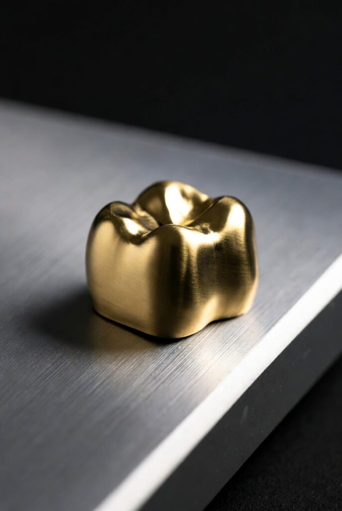 A Gold dental crown of a molar placed on a high shine aluminum like surface. It shows the smooth polished Gold surface of the crown with its flawless contours and anatomy.