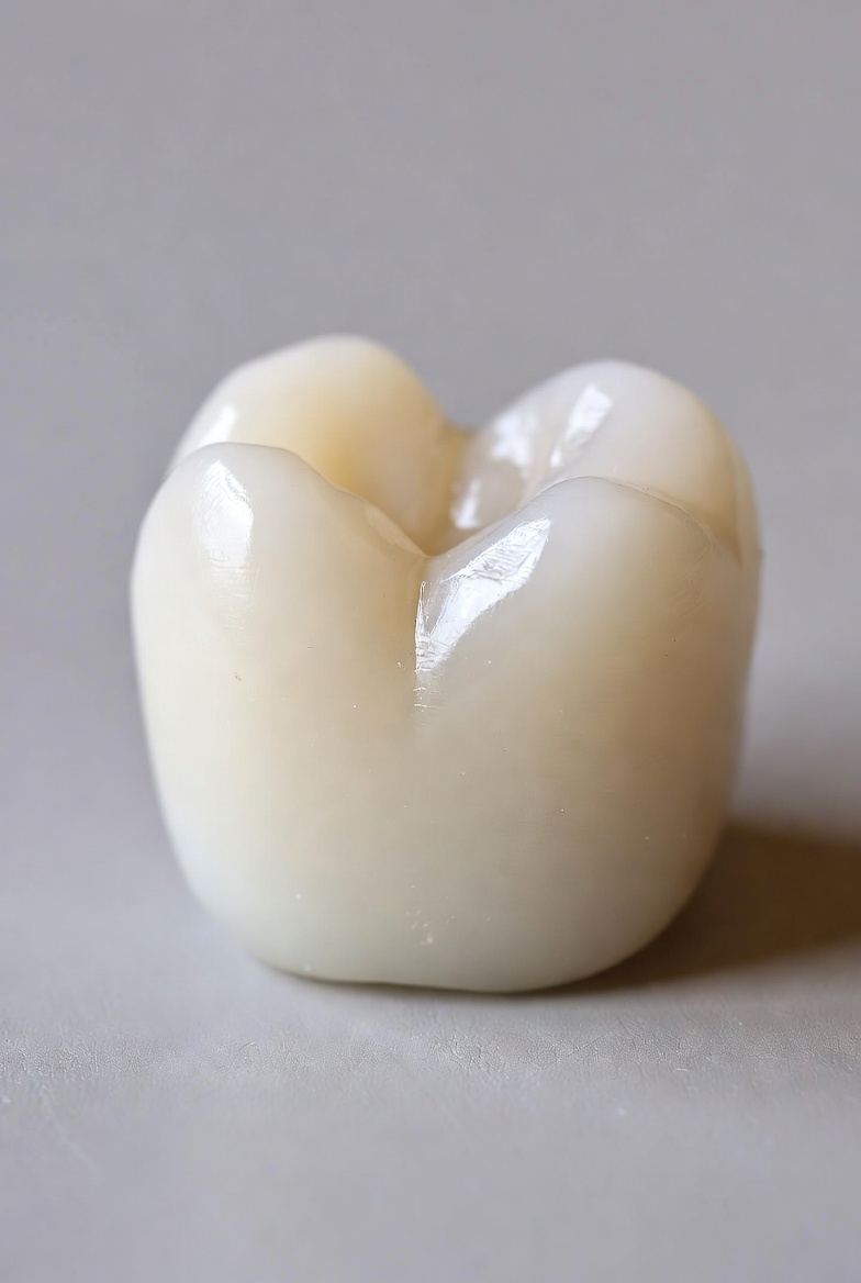 Close-up view of a zirconia dental crown showing its smooth, natural tooth-like surface and detailed occlusal anatomy on a neutral background.