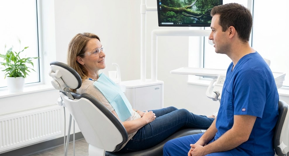 A relaxed patient consulting with a dentist at MI Dental in a modern, comfortable clinic room in Kitchener.