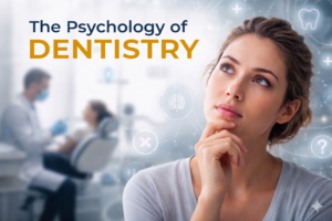 Psychology of dentistry concept showing thoughtful patient with dental clinic background and cognitive symbols